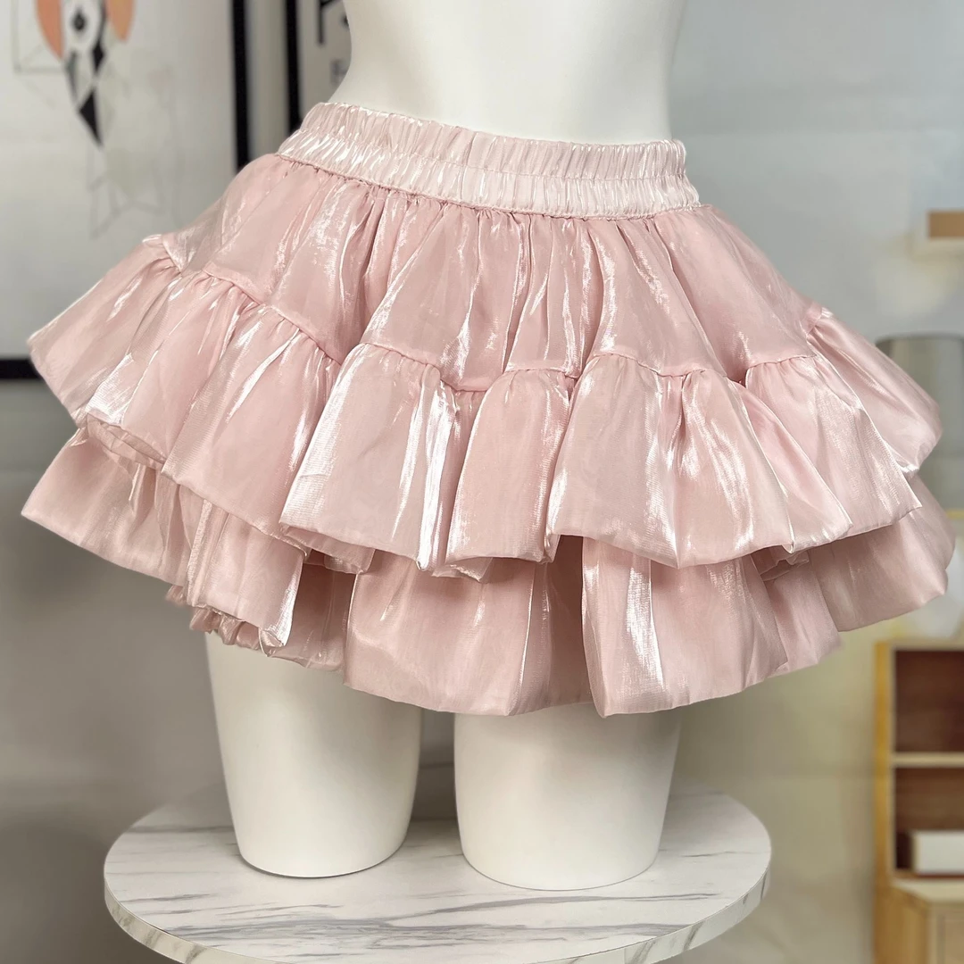 甜美粉色蛋糕蓬蓬裙小个子显瘦防走光半身裙百搭波浪褶皱2025新款