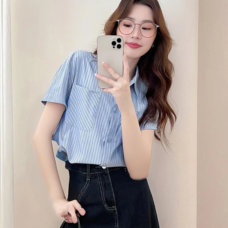 KALUOLAI/卡洛莱短袖气质衬衫韩版不起球夏季上衣时尚条纹衬衣女