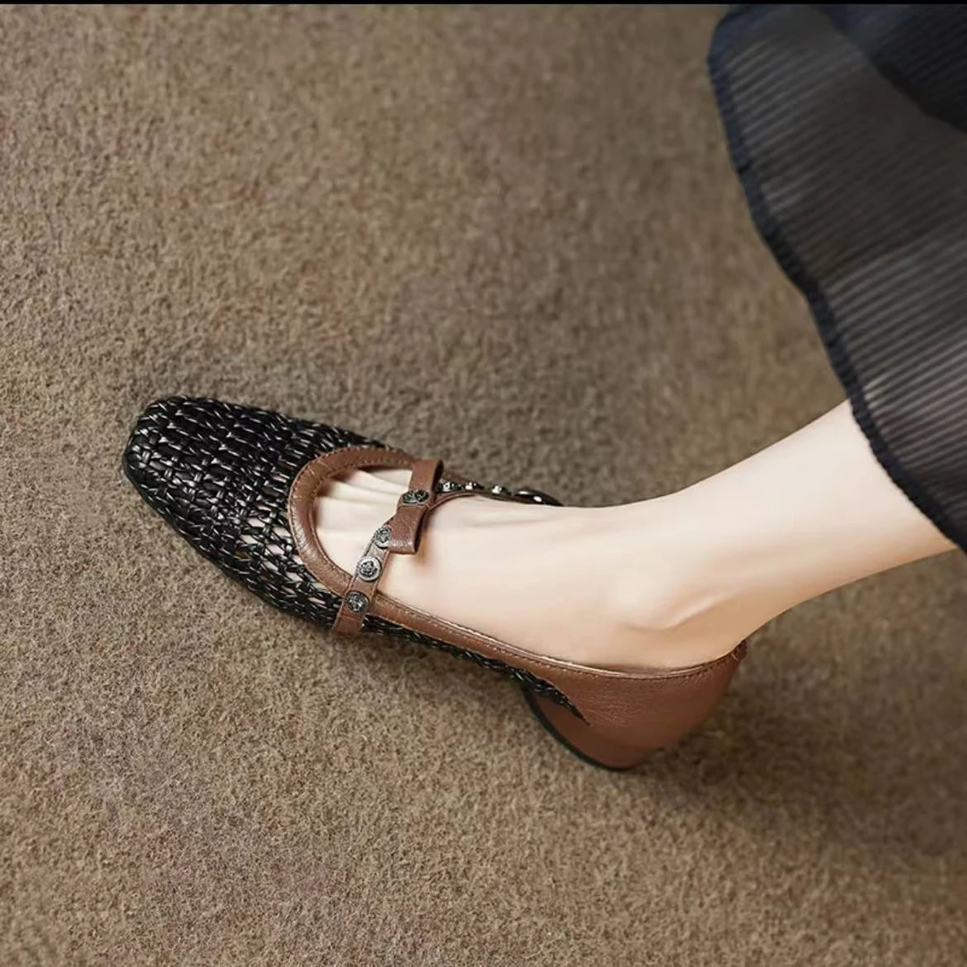 搭扣镂空方头拼色女胶粘时装凉鞋浅口鞋子夏季纯欲风