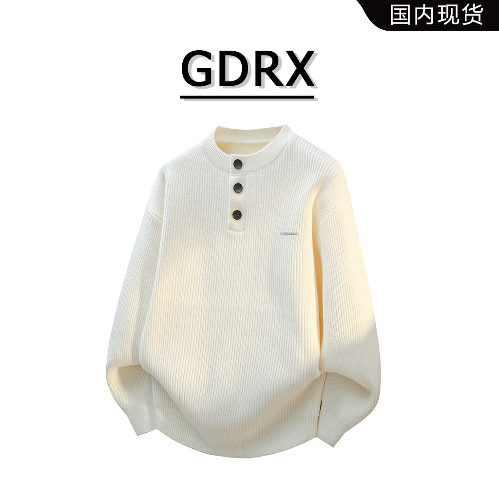 GDRX圆领长袖针织毛衣男秋季新款纽扣半开领设计上衣高级感男装