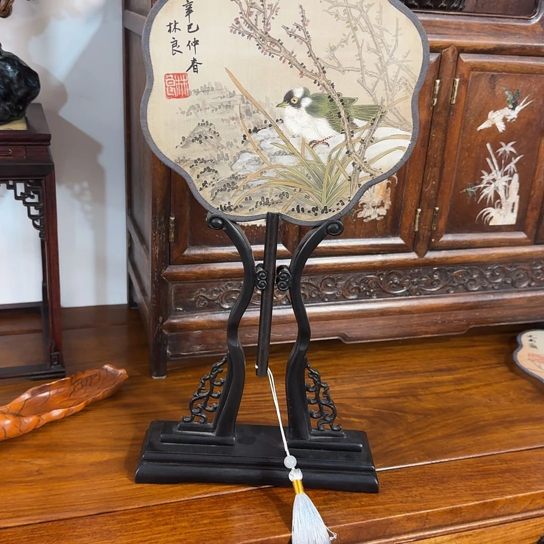 吉***祥木复古装饰摆件扇屏高42.5厘米