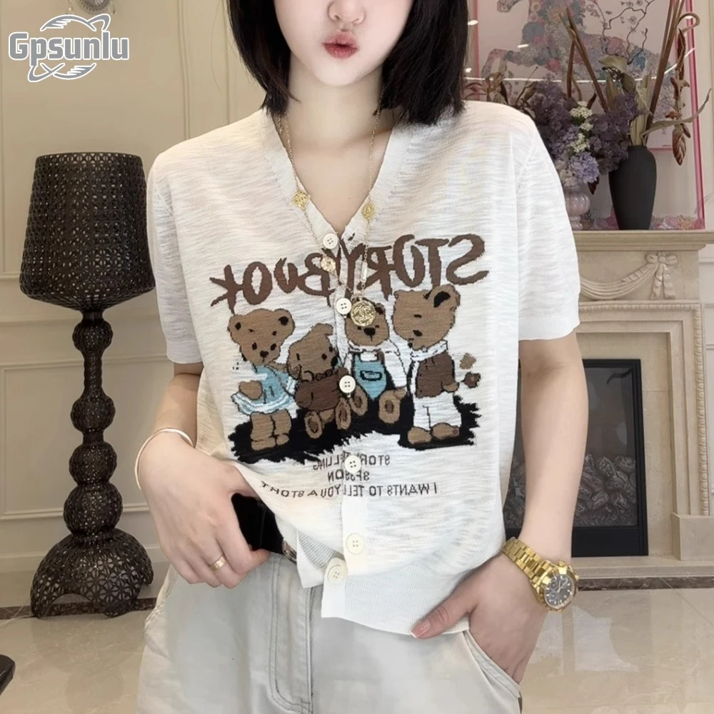gpsunlu卡通小熊领印花短袖恤女夏季休闲宽松小熊学生毛衣开衫