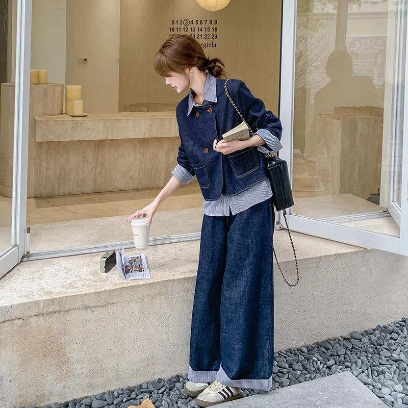 牛仔拼接阔腿裤两件套女春季2025超火独特漂亮韩系超好看韩系套装