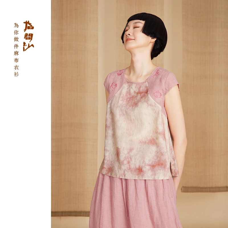 指间沙2521272女装25夏中式圆领包肩袖刺绣印花麻粘短上衣文艺T恤