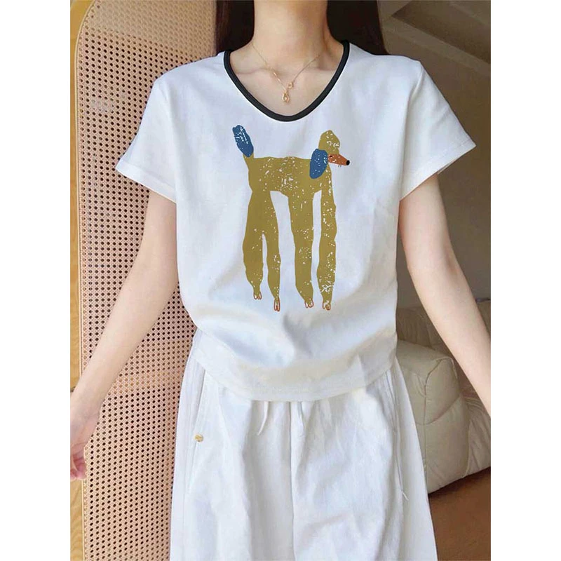 卡通正肩拉V领白色短袖t恤女2025新款时尚洋气显瘦打底夏季上衣