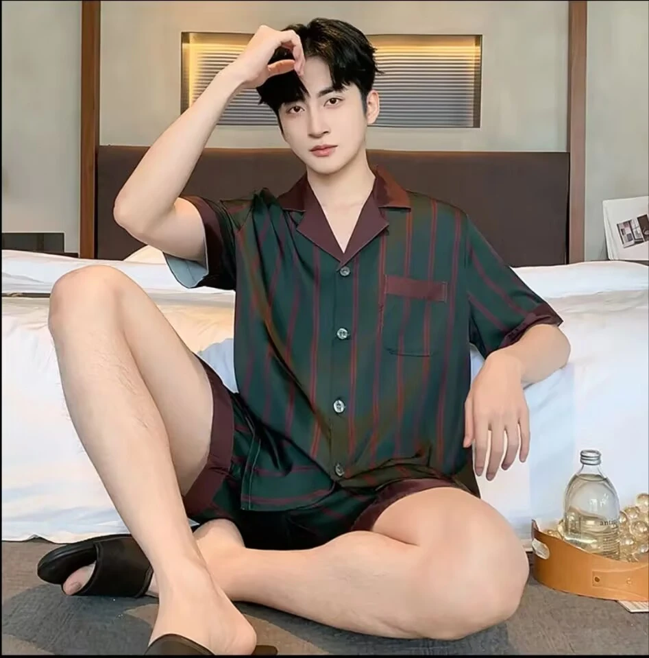 冰丝男士夏季薄款翻领绿条纹家居服套装