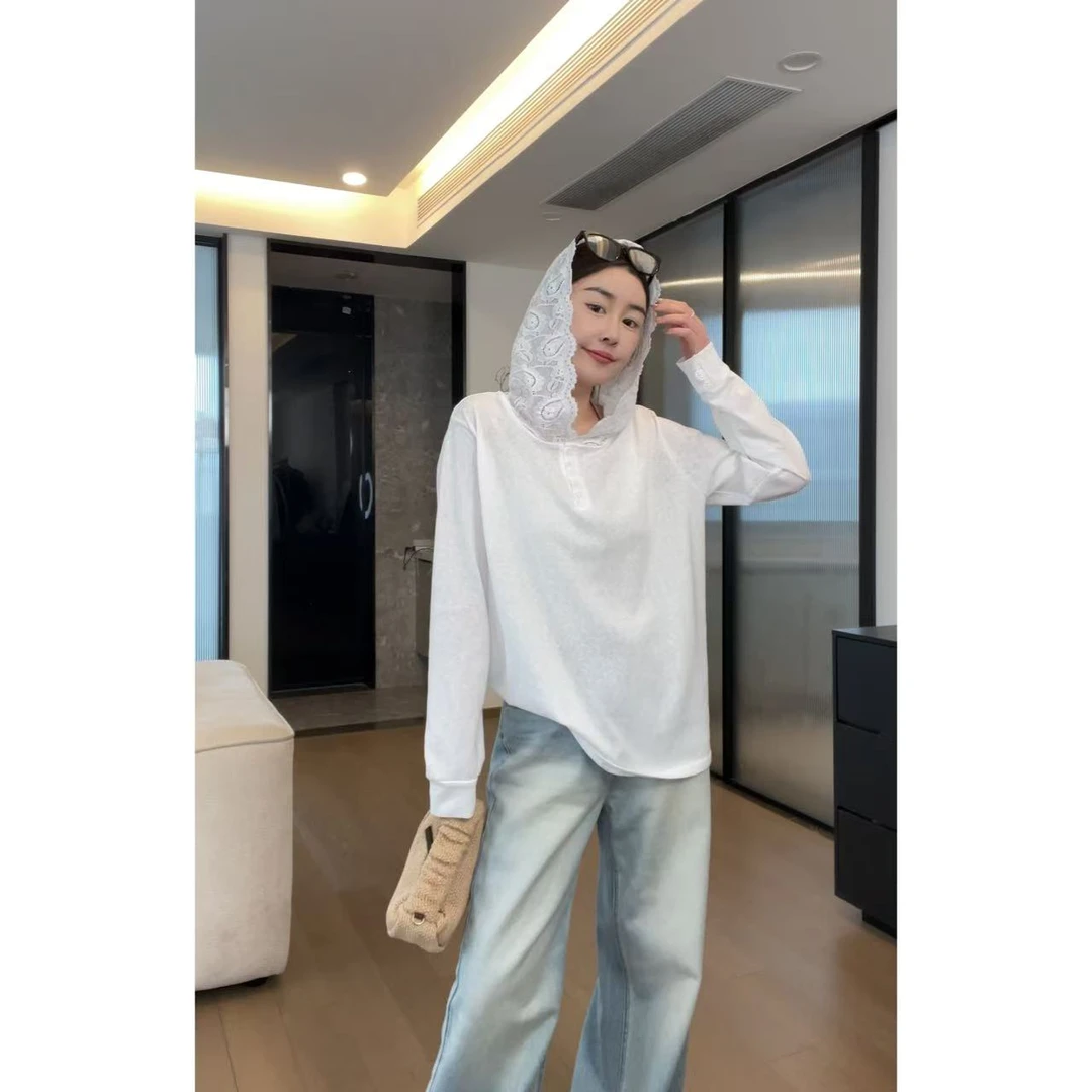 JOJO/玖了个玖 2025春 极简百搭蕾丝拼接连帽气质上衣 2503C902