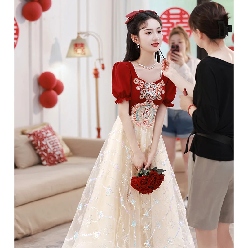 敬酒服2025新款新款红色新娘礼服出阁宴订婚晚礼服长款网纱连衣裙
