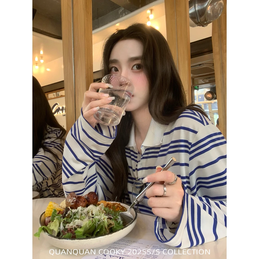 韩系蓝白条纹polo领长袖t恤女秋季设计感小众宽松慵懒松弛感上衣