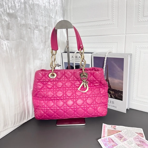 95新 DIOR/迪奥 95新玫粉色小号戴妃托特单肩包