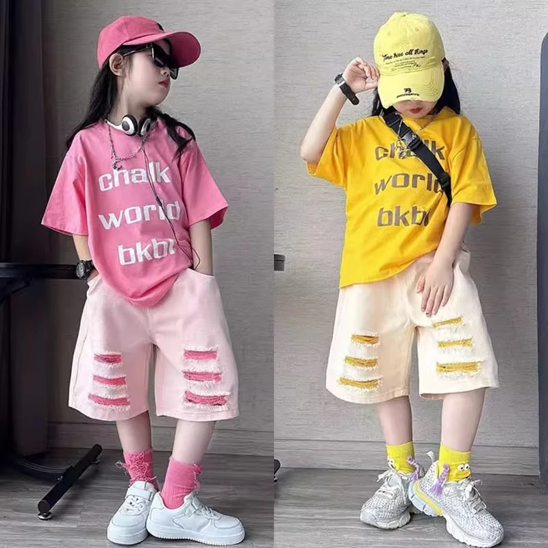 女童夏季时髦洋气多巴胺破洞牛仔中裤中大童女孩短袖字母T恤套装