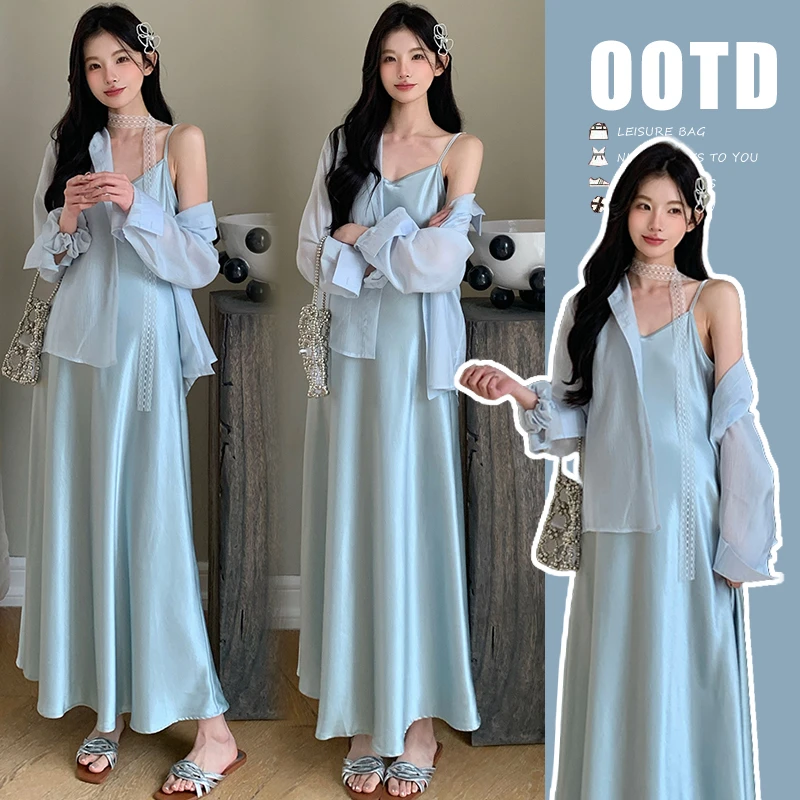 时髦孕妇装新款2025夏装套装时尚简约长款吊带裙防晒衬衫两件套裙