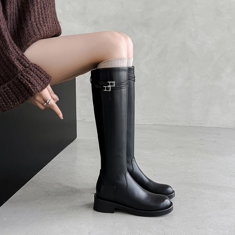 【奢品】明星同款双子星4cm粗跟显瘦骑士靴女侧拉链大筒围高筒长靴