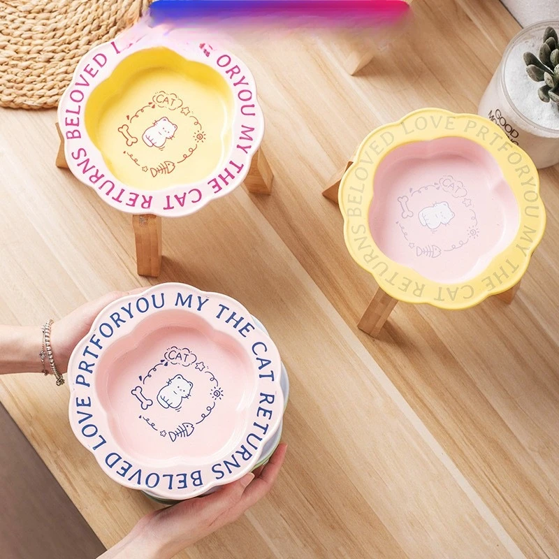 花边猫碗防黑下巴猫罐头食盆陶瓷狗粮碗猫咪防打翻喂水碗