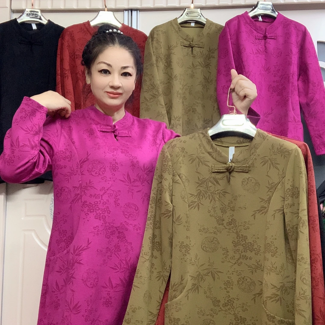 古韵国风盘扣中长裙秋季新款减龄百搭中老年女装