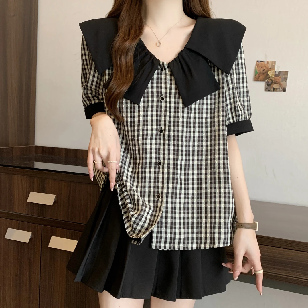 夏季新款大码法式设计感娃娃领短袖衬衫显瘦遮肉女装夏季减龄上衣