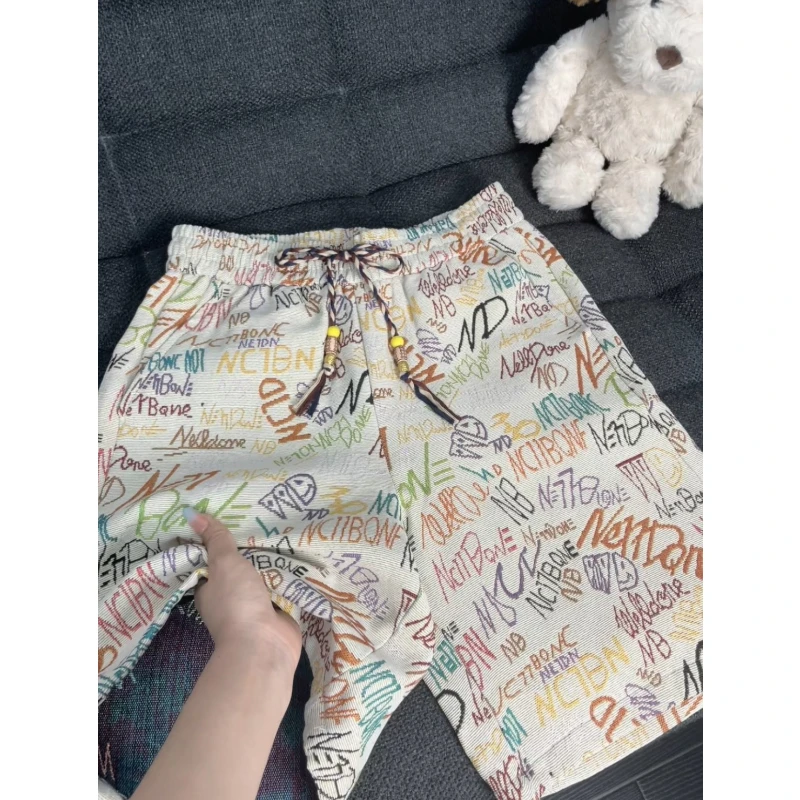 国潮字母涂鸦针织短裤男夏季夏威夷风宽松五分裤运动休闲沙滩裤子
