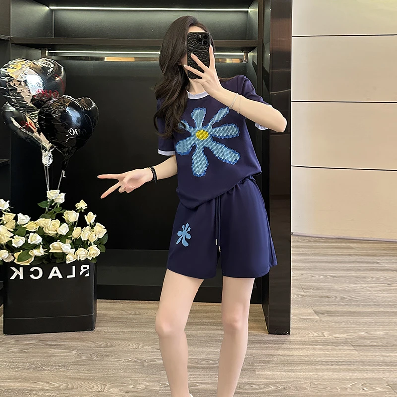 小众女装夏季新款韩版休闲运动套装深蓝色短袖短裤减龄百搭两件套