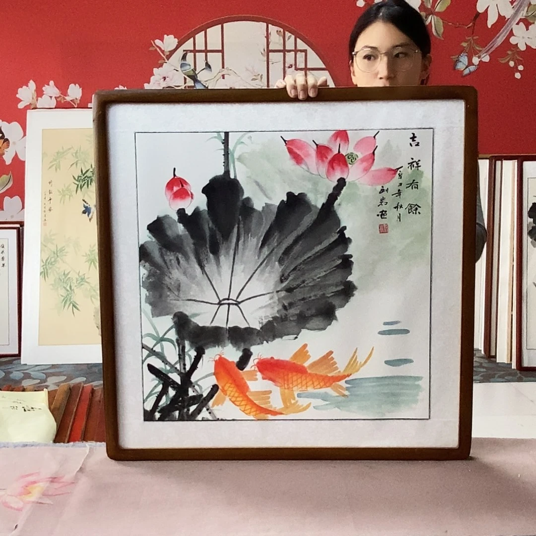 国画手写手绘国画作品带框包邮62✖️62