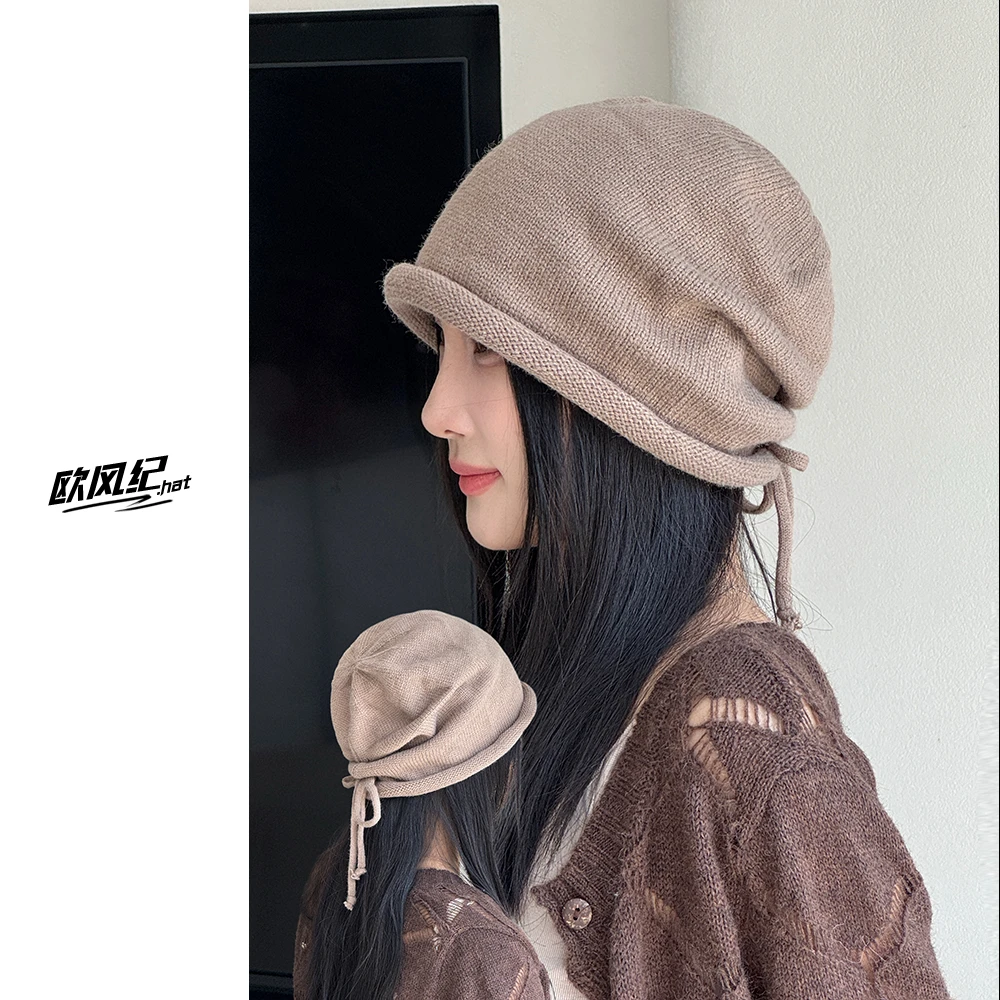 网红堆堆帽女秋冬日系显脸小包头冷帽大头围抽绳卷边针织毛线帽子