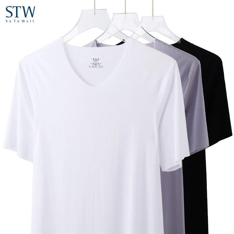 STW.SOTOWELL莫代尔t恤男无痕短袖夏青年纯色打底衫薄V领上衣外穿