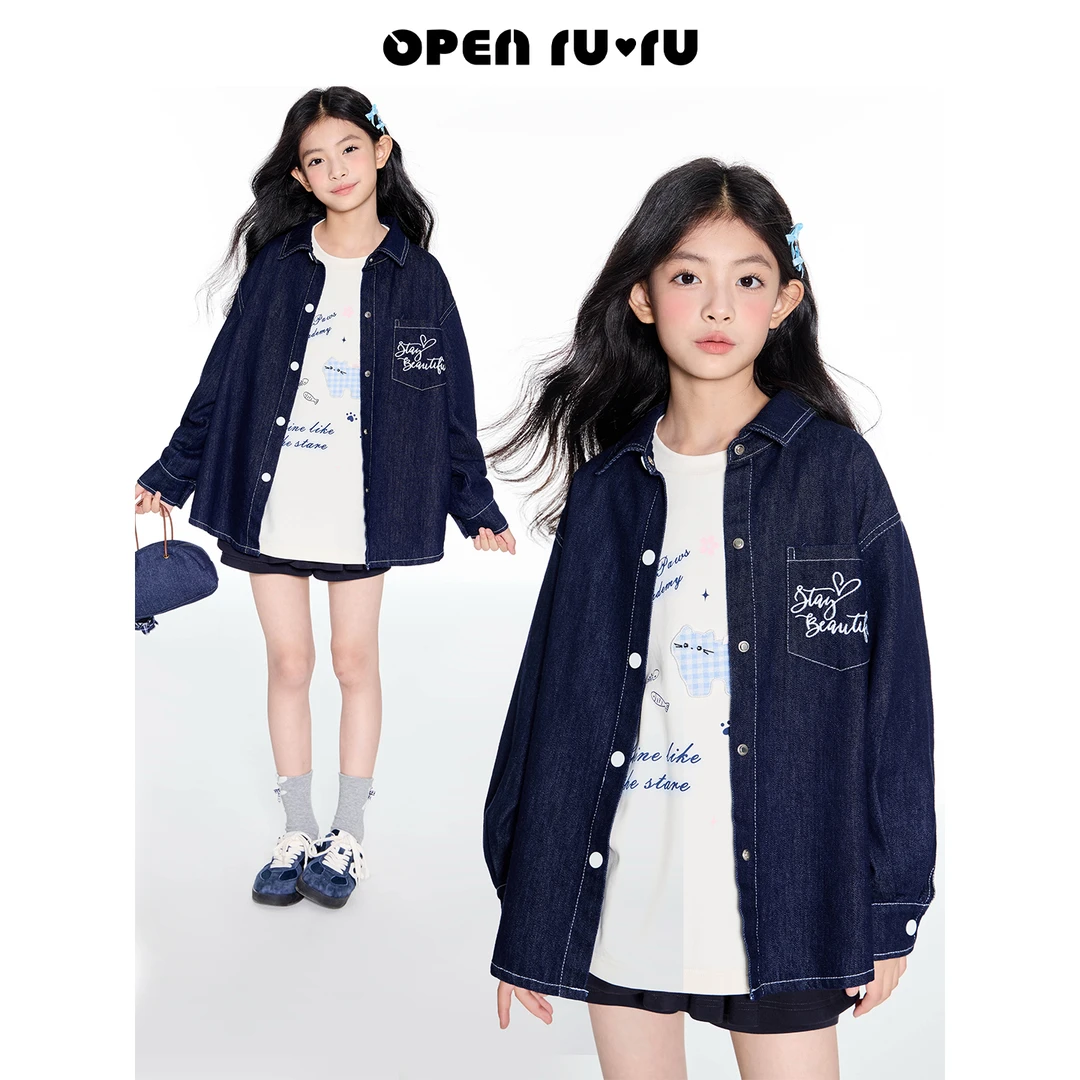 Opennunu女童口袋字母刺绣衬衫秋季中大童设计感休闲百搭挺括外套