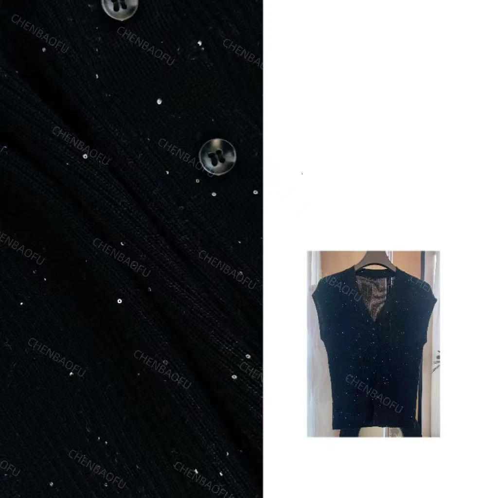 桑can丝轻薄透气~细坑条肌理亮片针织短袖上衣