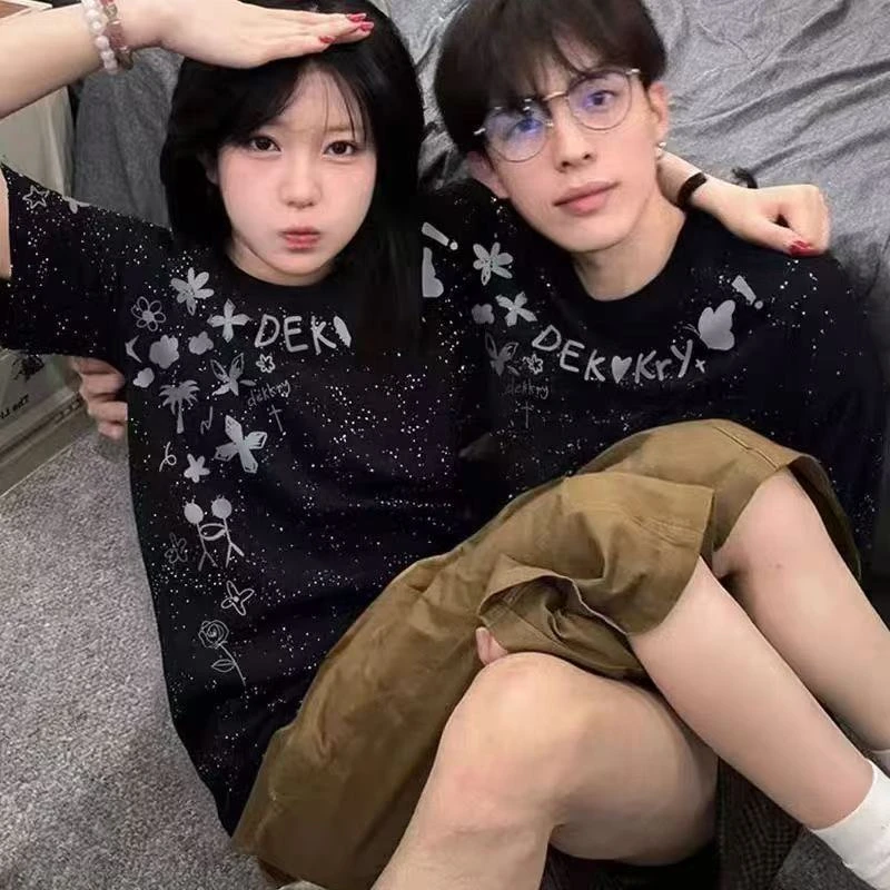 满天星亮闪闪新款亮片短袖T恤男女潮牌字母甜酷宽松校园上衣爆款