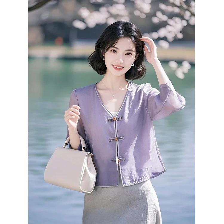 独特绝美新中式超好看凡尔赛上衣气质衣服出游紫色盘扣衬衫女
