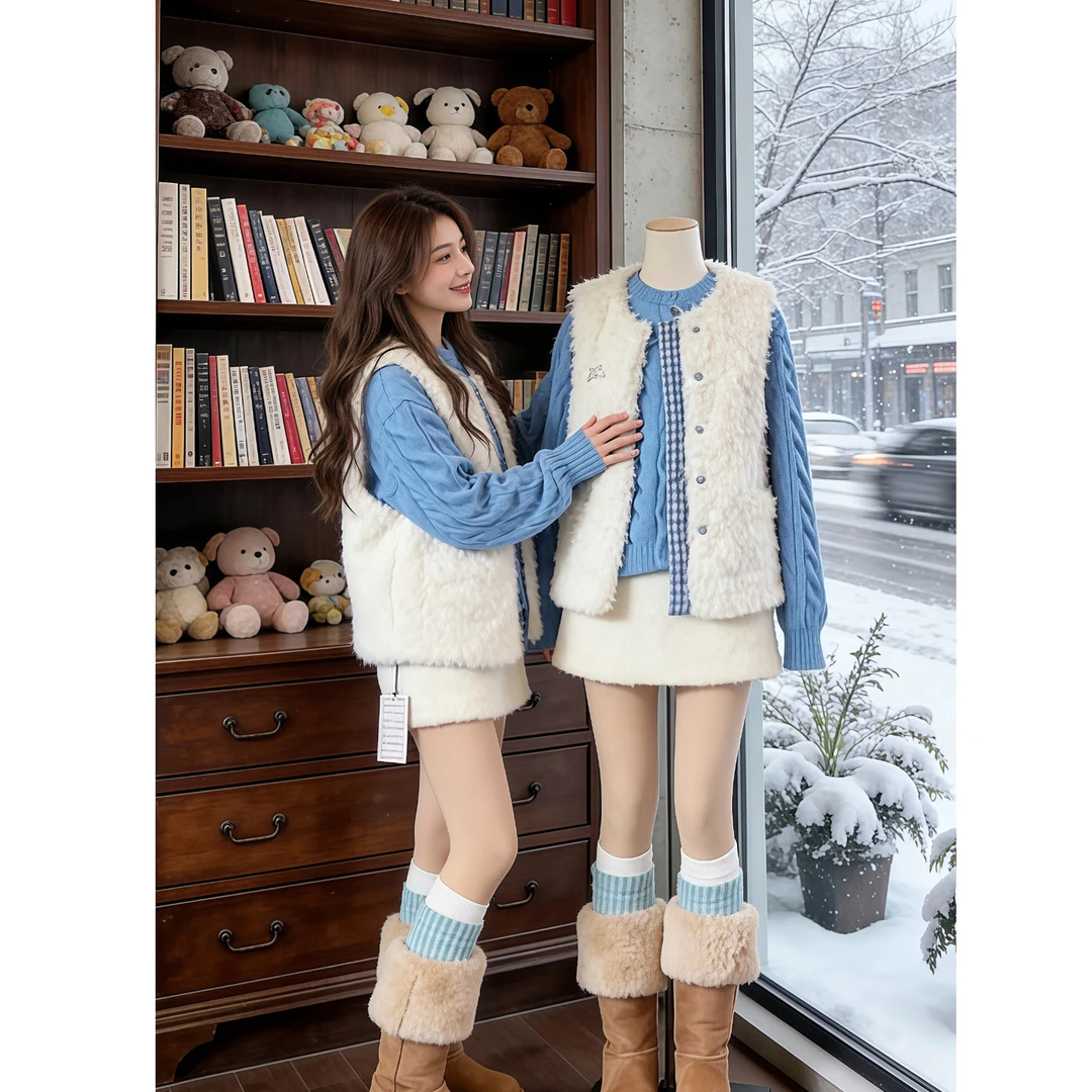 温柔系穿搭女2026新款韩版减龄针织开衫洋气马甲短裙三件套装