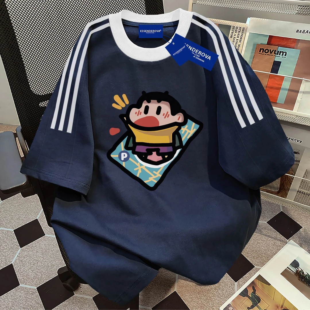 100%纯棉2025夏季新款宽松上衣韩版卡通印花三条杠情侣款短袖t恤