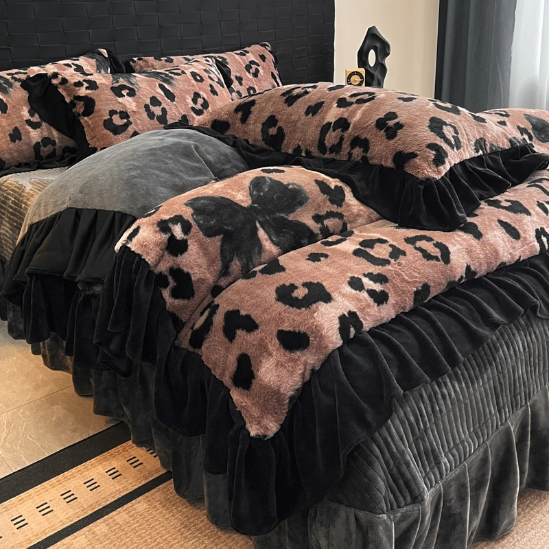 冬季新款轻奢豹纹仿兔毛牛奶绒印花四件套冬季保暖加厚加绒四件套