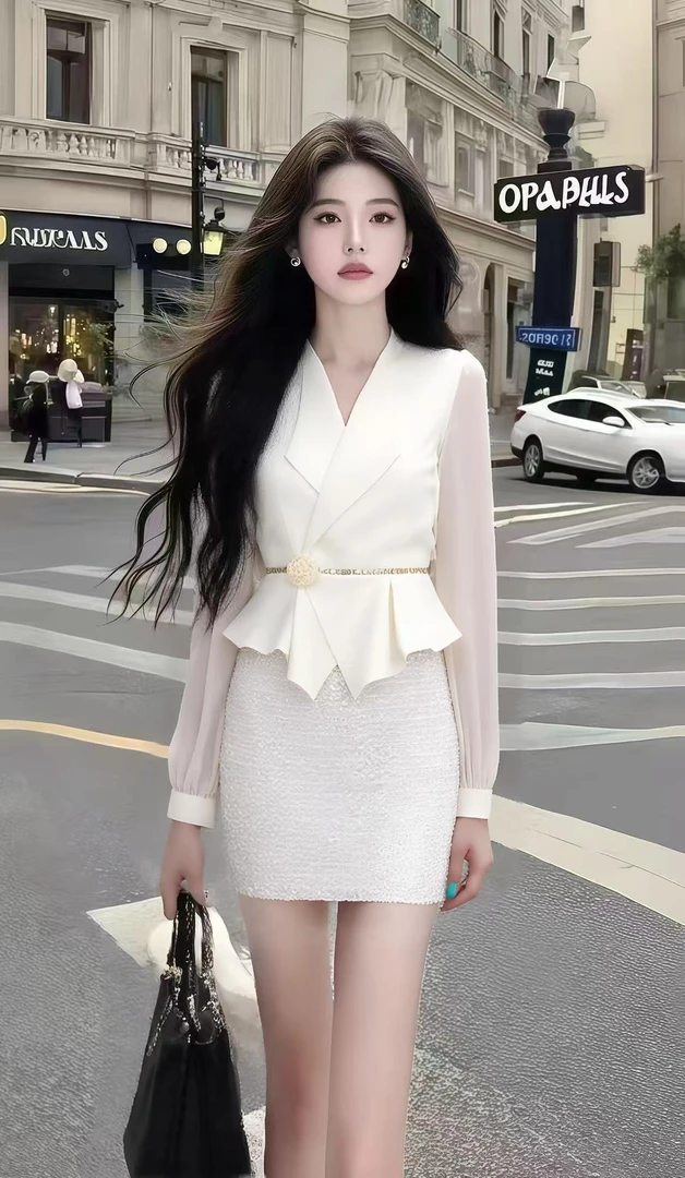 轻奢设计感小香风白色长袖V领收腰上衣+白色包臀半身裙时尚两件套