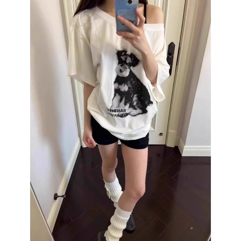 美式辣妹小狗印花斜肩短袖t恤女夏季新款慵懒风宽松休闲露肩上衣