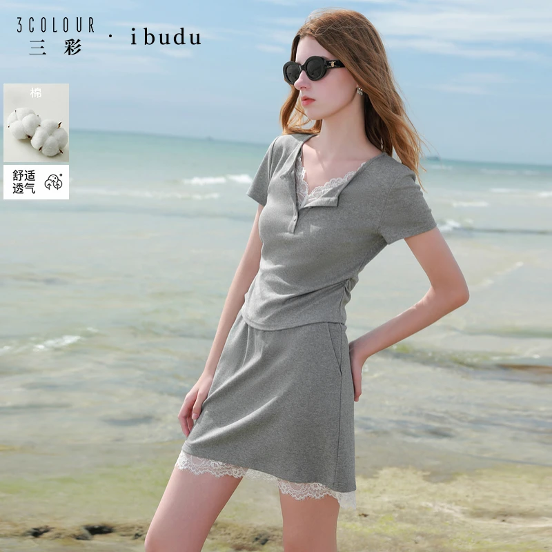 三彩ibudu2025夏季新款两件套休闲T恤半身裙花边短裙套装女