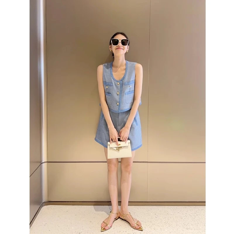 小香风套装女2025夏装高级感通勤穿搭撞色无袖西装马甲短裤两件套