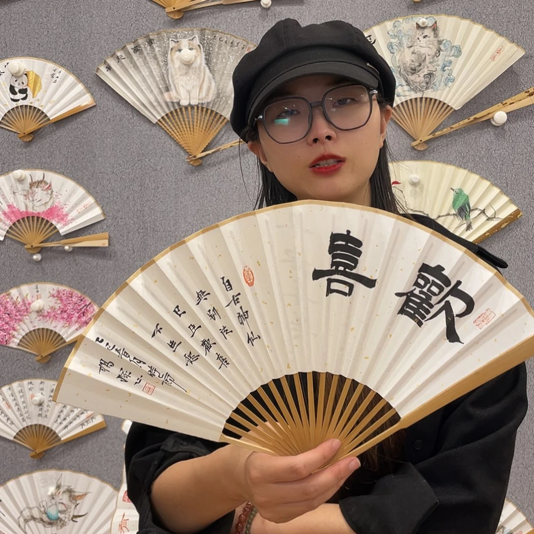 书法8寸玉竹-纯手绘-文玩扇骨（默认粘好）