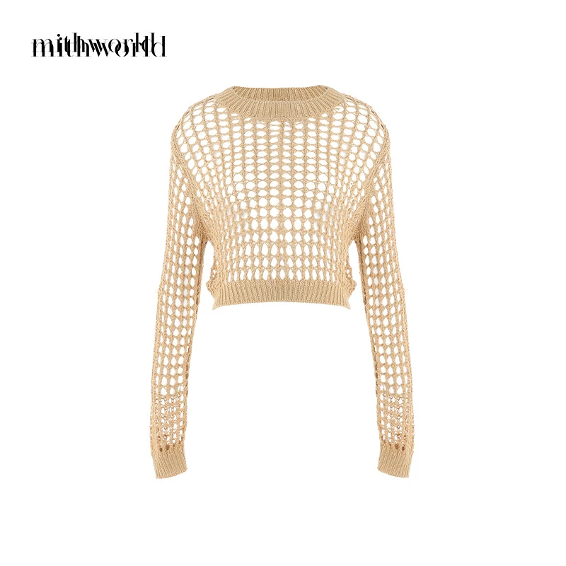 mithworld/沵媞【商场同款】罗纹圆领镂空短款针织衫W7ESS2219N4A