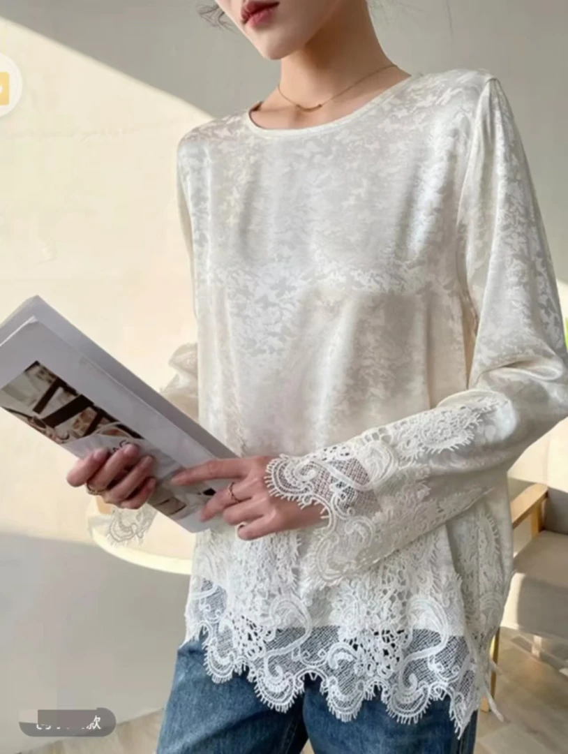 芃8625秋季新款大码女装新中式国风拼接蕾丝圆领雪纺衫