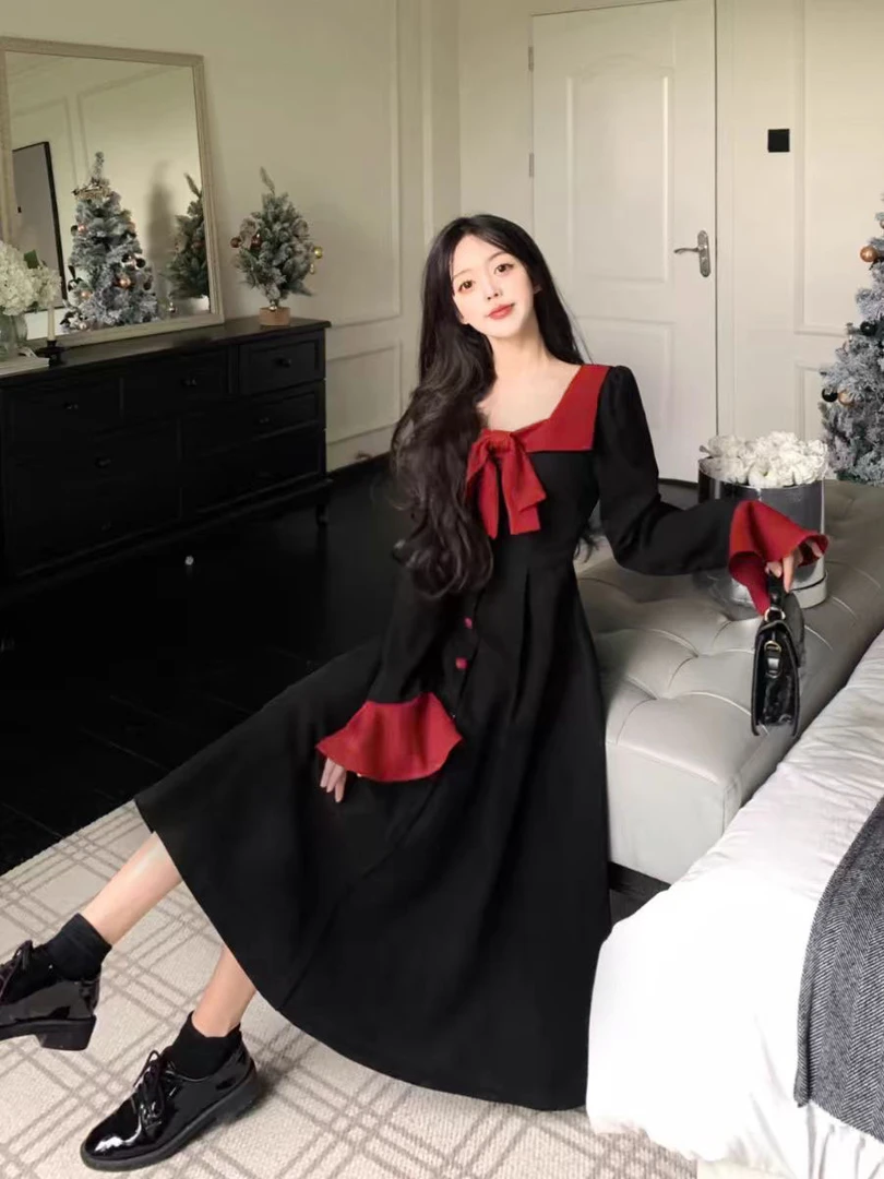 大码法式长袖连衣裙秋季收腰显瘦蝴蝶结长裙胖MM赫本风气质裙1612