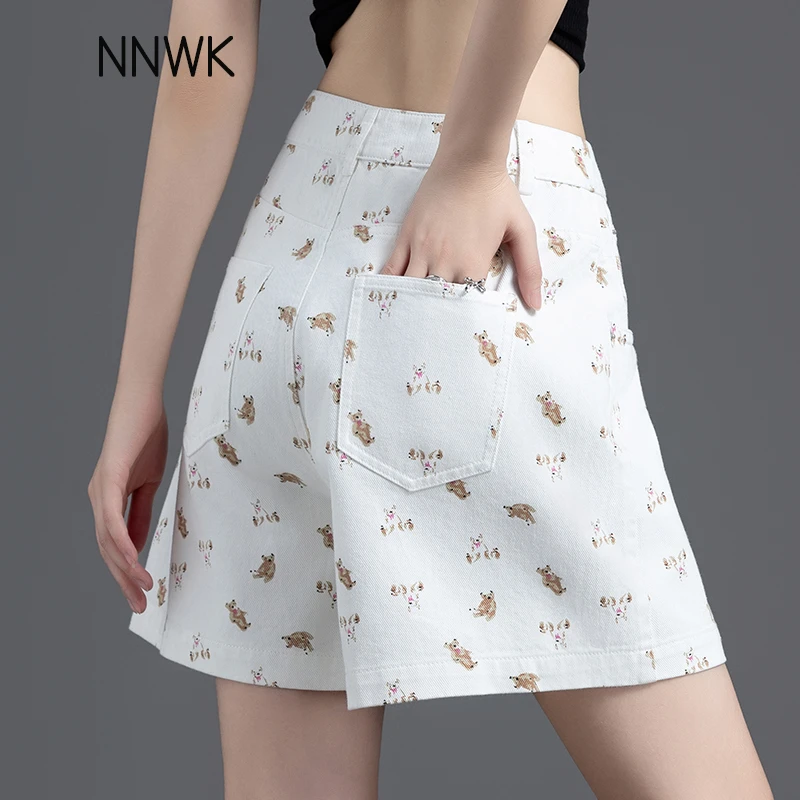 米白色高腰牛仔短裤女夏季薄款时尚印花中裤外穿宽松阔腿四三分裤