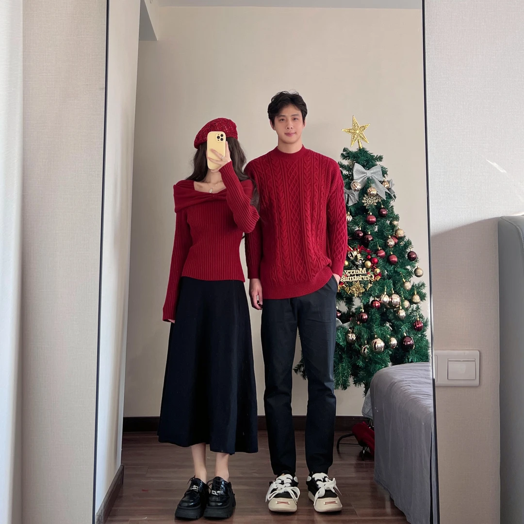 实拍#现货#新年情侣装秋冬红色毛衣本命年领证订婚一裙一衣套装