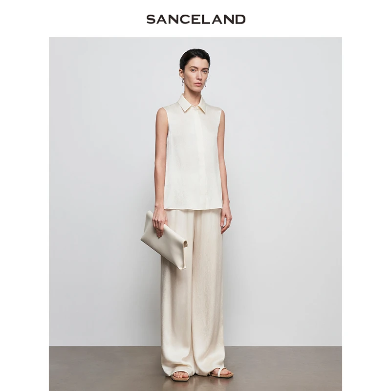 SANCELAND三石一澜夏真丝肌理感直筒拖地休闲裤松紧腰SJ22103029