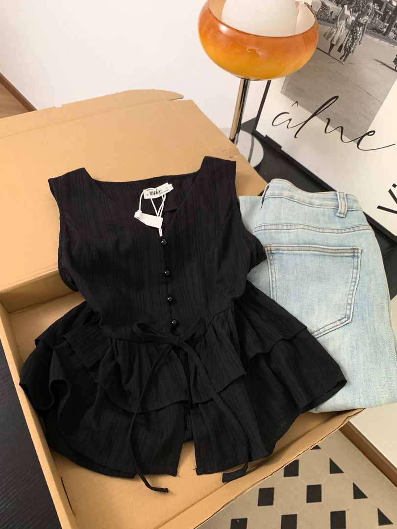 无袖荷叶边衬衫夏季2025减龄洋气百搭开襟显瘦开衫背心小衫上衣女