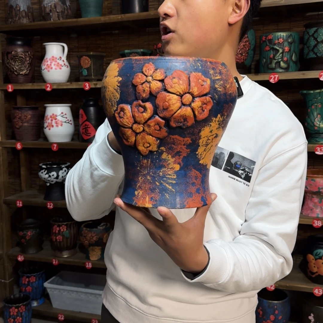 带孔高端浮雕花盆高度+口径23-18