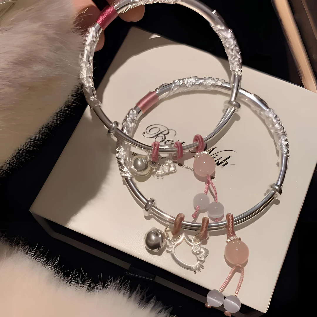 足银手镯 繁花似锦kitty银手镯女纯银实心小众少女款足银999