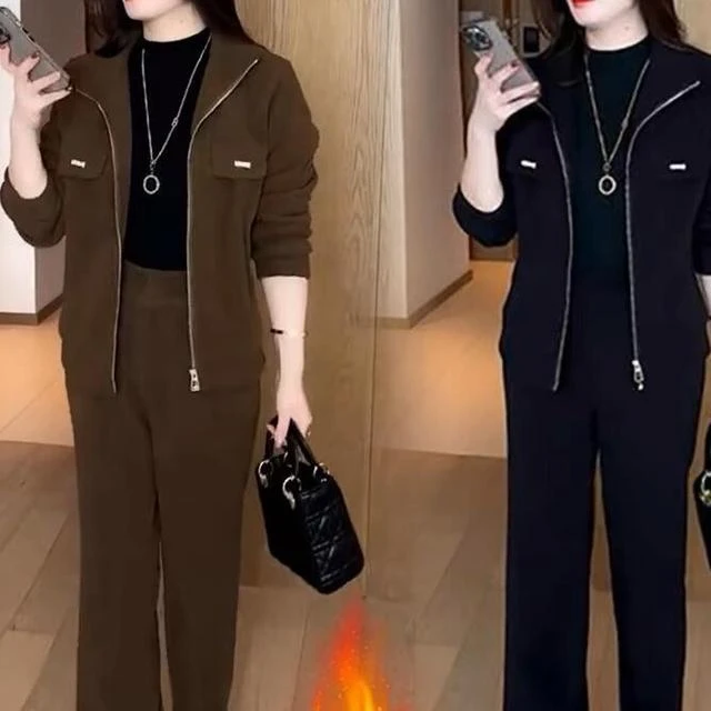 加绒加厚休闲运动服套装女2025冬季新款时尚洋气外套阔腿裤两件套
