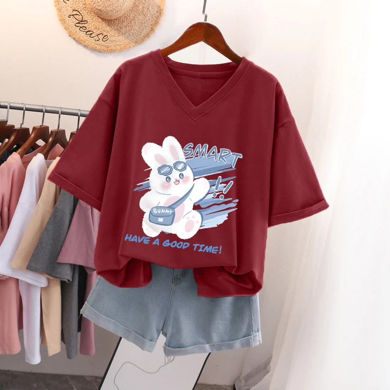 宽松oversize夏季大码V领纯棉短袖t恤女2025年新款显瘦百搭上衣服