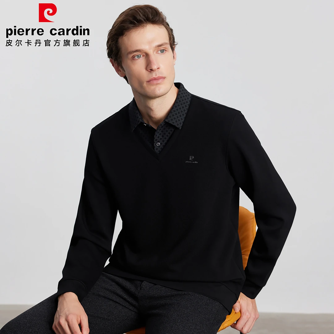 皮尔卡丹男士假两件卫衣长袖运动舒适时尚休闲翻领简约商务保暖