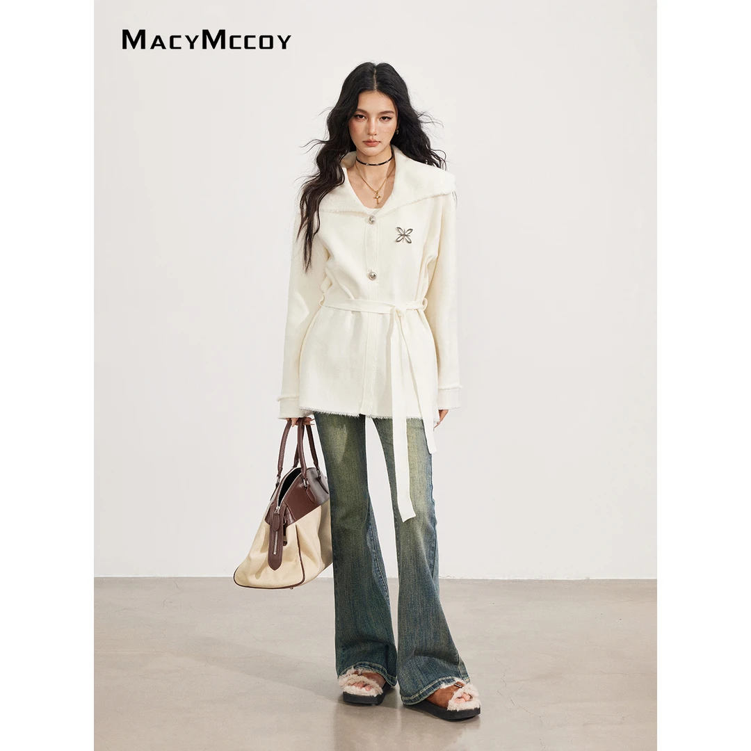 【熊小姐专属】MacyMccoy大翻领系带毛衣外套女bi备高级感针织上衣